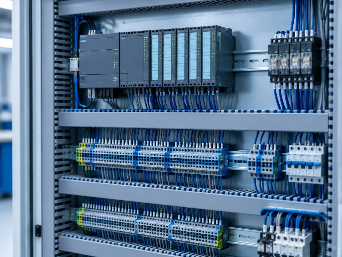 Quadro di automazione industriale con PLC e morsettiere